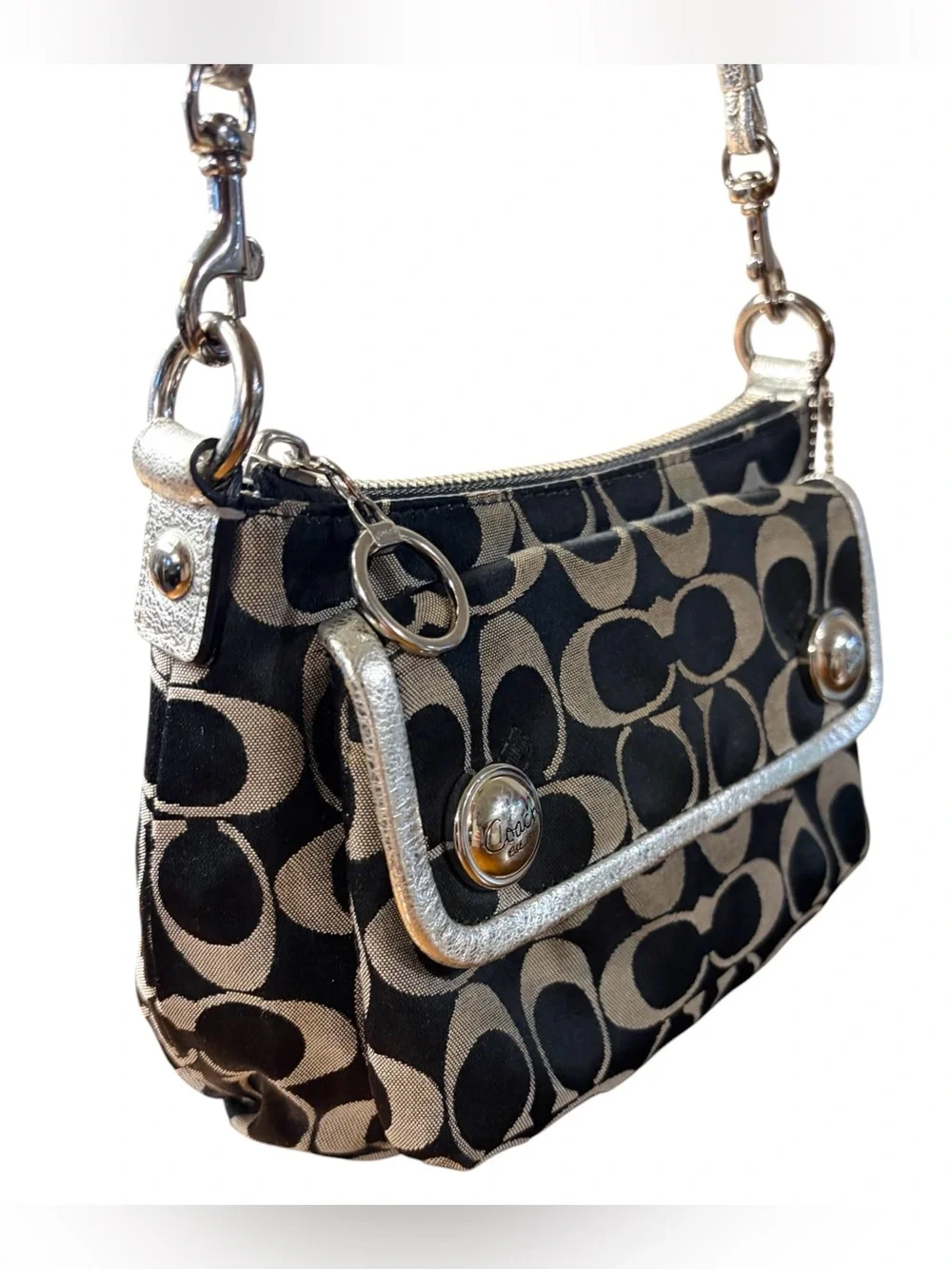 Coach Poppy Signature Pleated Crossbody Bag Black/Grey Metallic Silver - Picture 3 of 9